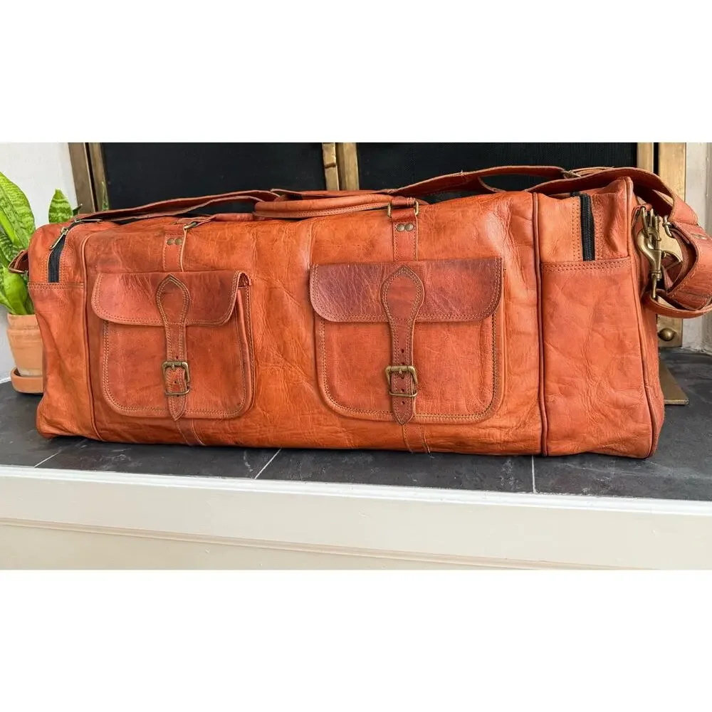 Komal’s Passion Leather Large Weekender Duffel Bag Brown Carry-On Travel Bag